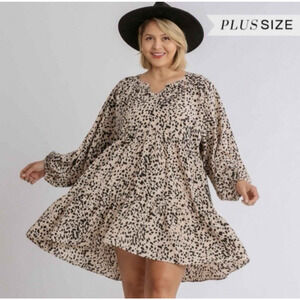 Umgee Tiered Dress Animal Print Mini 2XL Pockets Leopard Flowy Long Sleeve